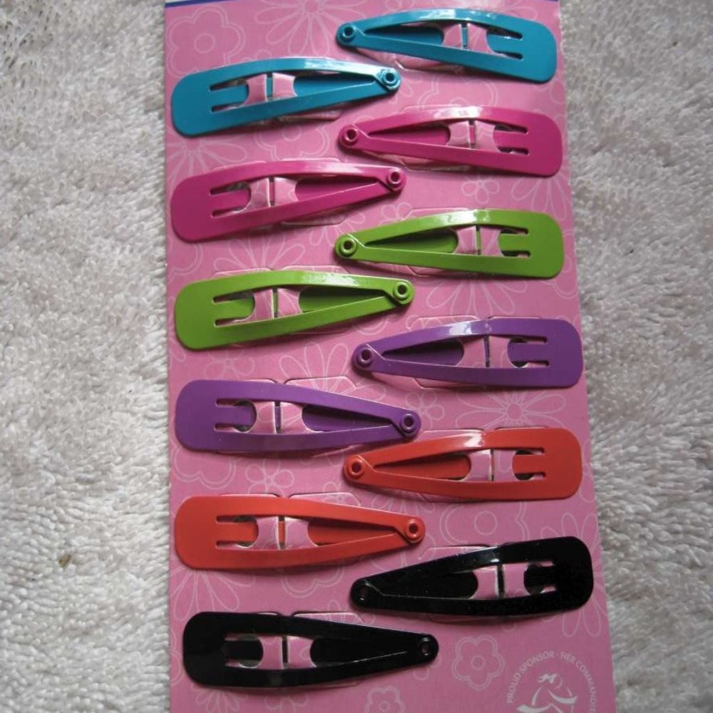 12 Goody Girls Bright Painted Metal Snap Hair Clips Black Blue Pink Purple Green